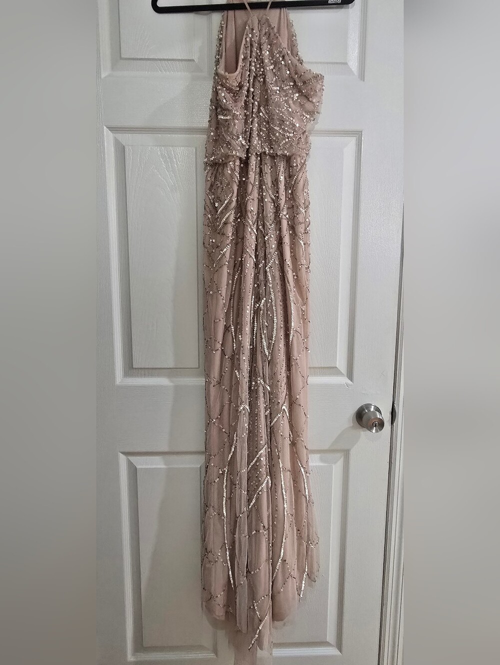 Adrianna Papell Blush Beaded Halter Evening Gown